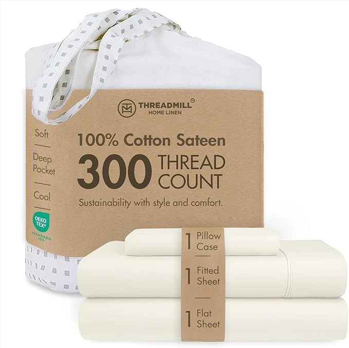 Smart Threadmill Cotton Twin XL Sheet Set Cotton Sheets for Twin XL Size Bed Solid Sateen Twin XL Bed Sheets Set with 16 Deep Pocket Soft Breathable 3-Piece Cooling Sheet Set Ivory Top-Quality