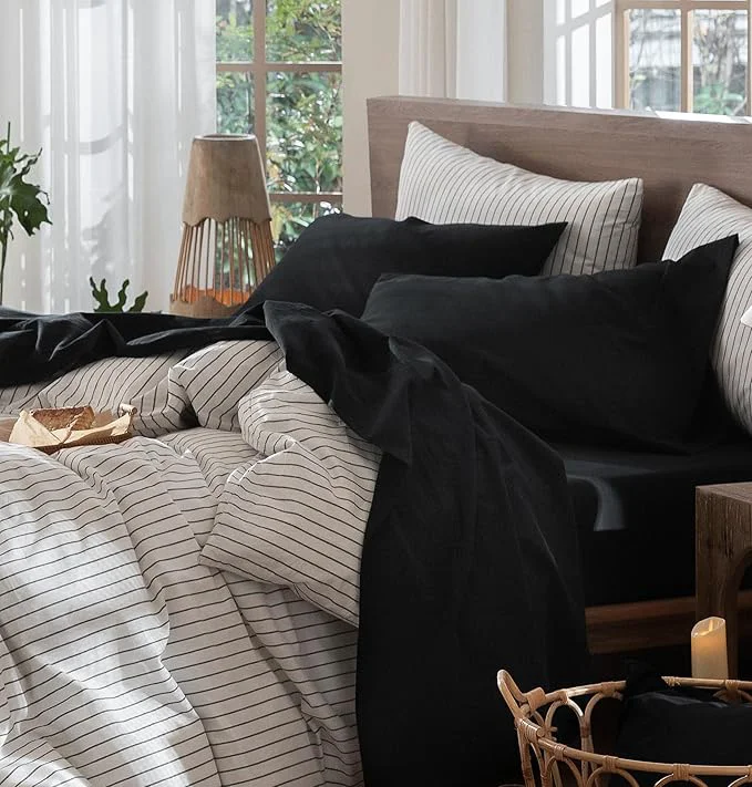 Smart MooMee Bedding Sheet Set Washed Cotton Linen Like Textured Breathable Durable Soft Comfy Solid Black Full Classic
