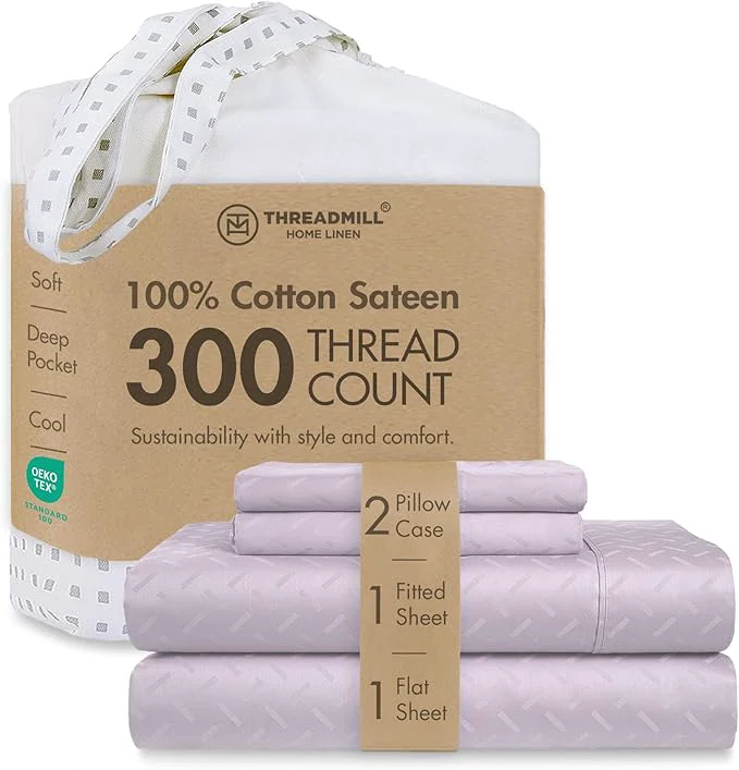 Versatile Threadmill Cotton Sheets for King Size Bed 4 Pc King Bed Sheets Set Soft Breathable Lightweight Damask Sateen for All-Season Use Snug Fit Elastic Deep Pocket King Sheets Lilac Refined