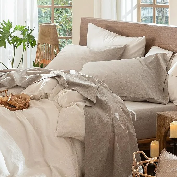 Superior MooMee Bedding Sheet Set Washed Cotton Linen Like Textured Breathable Durable Soft Comfy Heathered Tannish Linen Grey King Long-Lasting