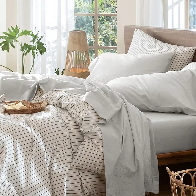 Premium MooMee Bedding Sheet Set Washed Cotton Linen Like Textured Breathable Durable Soft Comfy Solid Light Blueish Grey King Top-Quality