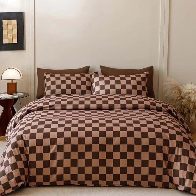 Selected CLOTHKNOW Dark Brown Plaid Queen Comforter Set Grid Bedding Comforter Sets Soft Checkerboard Geometric Comforter with 2 x Pillow Cases Carefully Designed