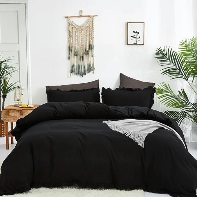 Exclusive CLOTHKNOW Black Queen Comforter Set 3Pcs Ruffle Bedding Comforter Sets Shabby Chic Comforter Queen with 2 x Pillow Cases Farmhouse Bedding Next-Generation