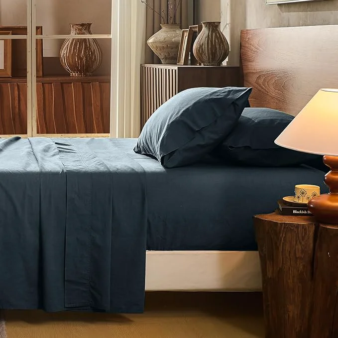 Versatile Linen Sheet Set King Size Extra Deep Pocket Fits 18-24 Inch Mattress Breathable amp Soft Smooth 4-Piece Set for Thick Mattresses Hotel Luxury Bedding（King Navy Grey） Next-Generation