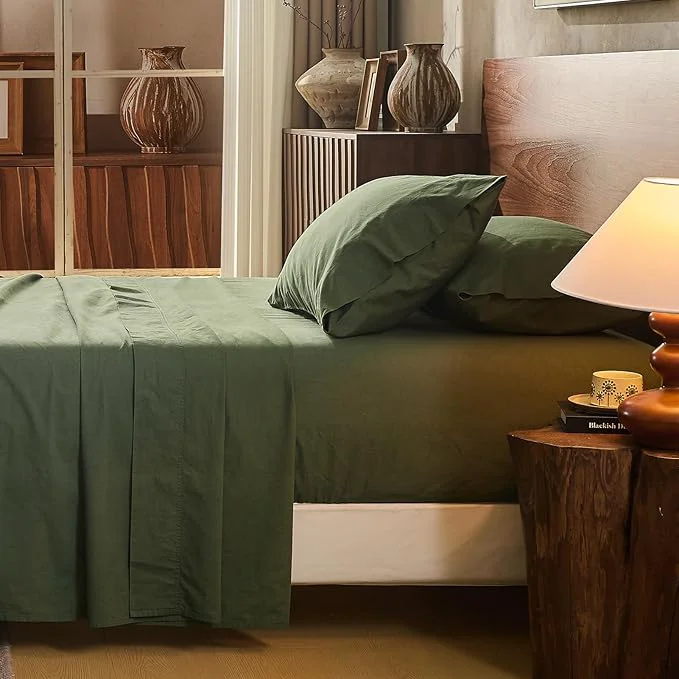 Reusable Linen Sheet Set Cal King Size Extra Deep Pocket Fits 18-24 Inch Mattress Breathable amp Soft Smooth 4-Piece Set for Thick Mattresses Hotel Luxury Bedding（Cal King Forest Green） Powerful