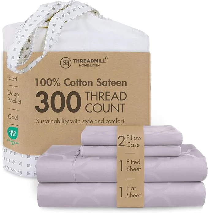 Enhanced Threadmill Cotton Queen Sheet Set Cotton Sheets for Queen Size Bed Damask Jacquard Queen Bed Sheets Set with 16 Deep Pocket Soft Sateen Weave 4-Piece Cooling Bedding Set Lilac Unique