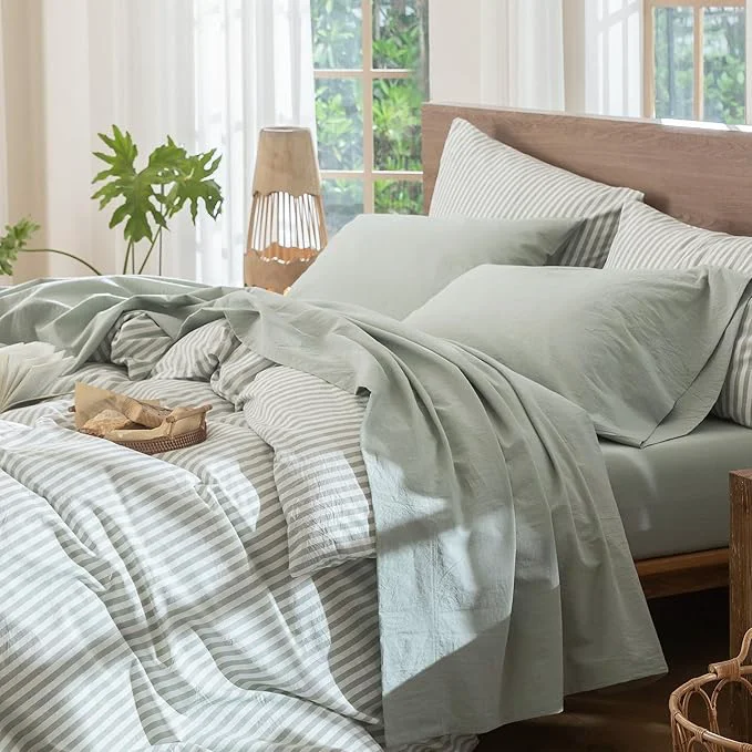 Premium MooMee Bedding Sheet Set Washed Cotton Linen Like Textured Breathable Durable Soft Comfy Heathered Sage Green Queen Fine