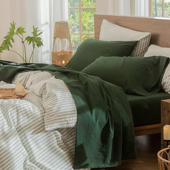 Easy-to-Use MooMee Bedding Sheet Set Washed Cotton Linen Like Textured Breathable Durable Soft Comfy Solid Forest Green Full Original Design