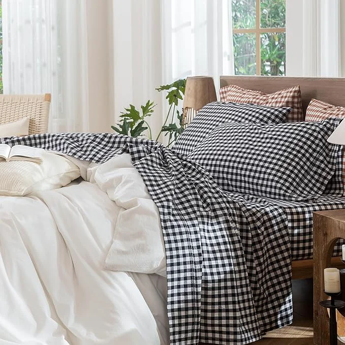 Minimalist MooMee Gingham Sheet Set Washed Cotton Linen Like Textured Breathable Soft w Fully Elasticized 16-19 quot Deep Pocket Classic Gingham Black White King Crafted