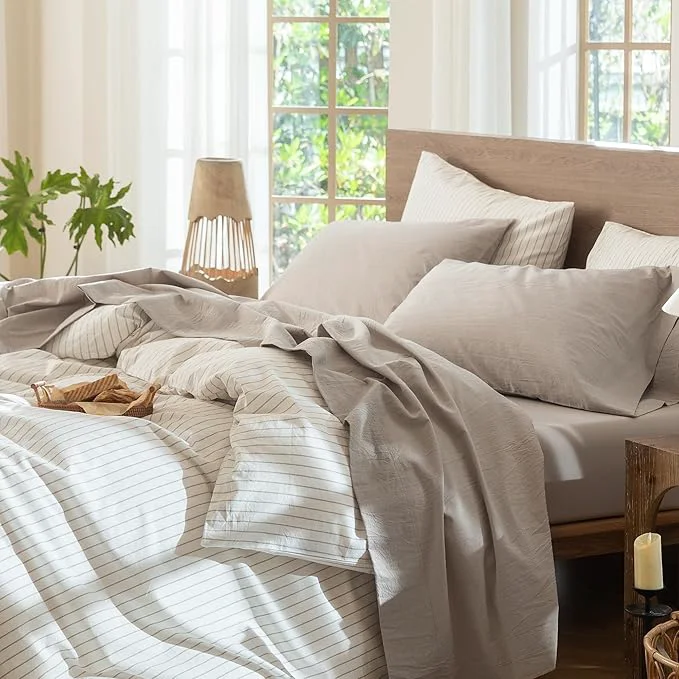 Next-Generation MooMee Bedding Sheet Set Washed Cotton Linen Like Textured Breathable Durable Soft Comfy Heathered Cream Grey Queen Casual