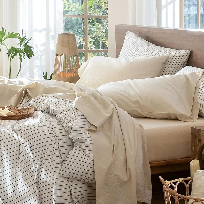 Stylish MooMee Bedding Sheet Set Washed Cotton Linen Like Textured Breathable Durable Soft Comfy Heathered Almond Milk Grey Queen Selected