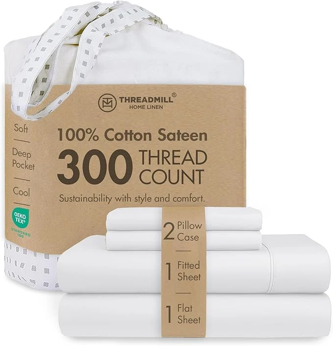 Threadmill Cotton Sheets for King Size Bed 4 Pc King Bed Sheets Set Soft Breathable Lightweight Solid Sateen for All-Season Use Snug Fit Elastic Deep Pocket King Sheets White Smart