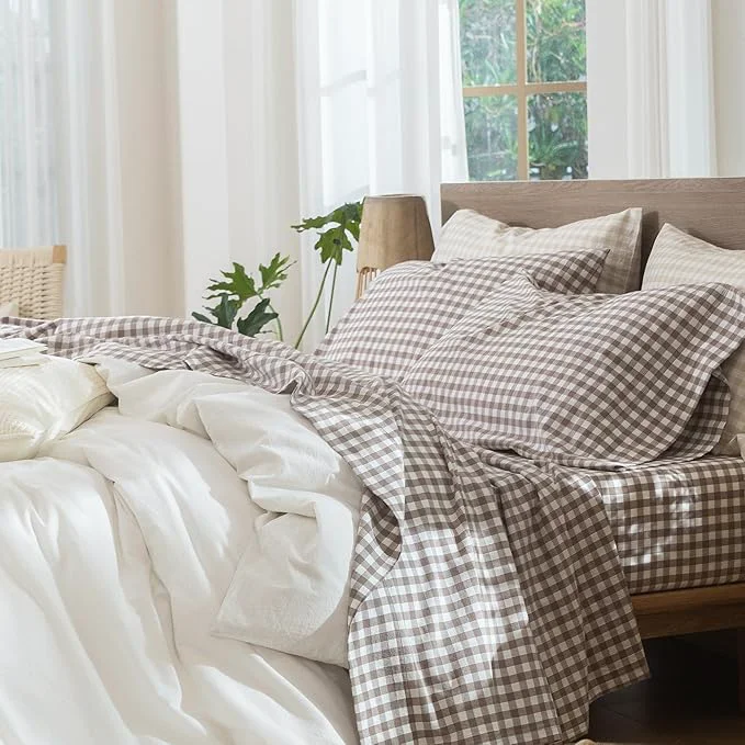 Excellent MooMee Gingham Sheet Set Washed Cotton Linen Like Textured Breathable Soft w Fully Elasticized 16-19 quot Deep Pocket Classic Gingham Brown Queen Trusted