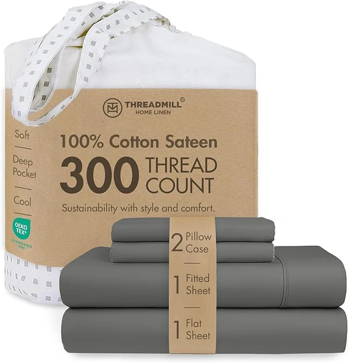 High-Grade Threadmill Cotton Queen Sheet Set Cotton Sheets for Queen Size Bed Solid Sateen Queen Bed Sheets Set with 16 Deep Pocket Soft Breathable 4-Piece Cooling Bedding Sheet Set Dark Grey Fast