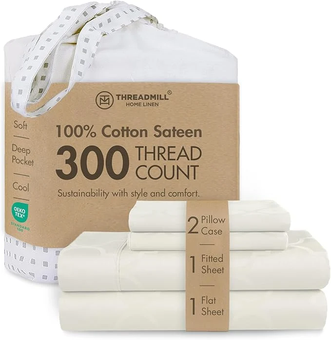 High-End Threadmill Cotton Full Size Sheet Set Cotton Sheets for Full Size Bed Damask Jacquard Full Bed Sheets Set with 16 Deep Pocket Soft Sateen Weave 4-Piece Cooling Bedding Set Ivory Top-Quality