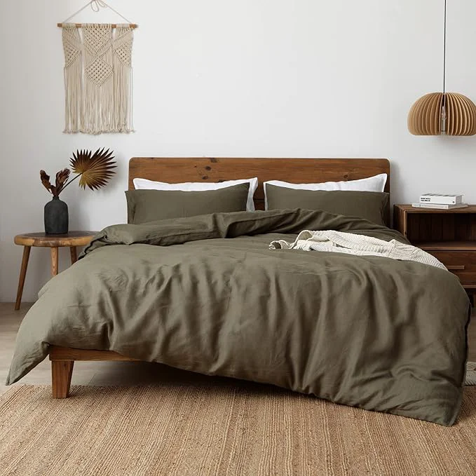 Original XZ XIFA Olive Green Linen Queen Size Bedding Set Cooling Duvet Cover with Natural Washed French Flax，Soft Breathable Textured Fluffy Duvet Cover 1 Duvet Cover 2 Pillow Shams Superior