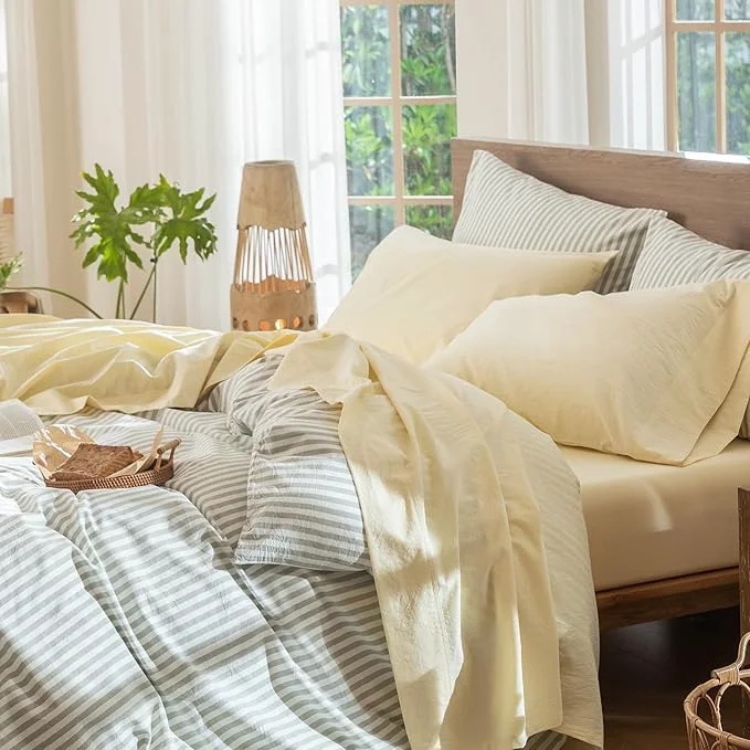 Secure MooMee Bedding Sheet Set Washed Cotton Linen Like Textured Breathable Durable Soft Comfy Heathered Butter Yellow Full Prestigious