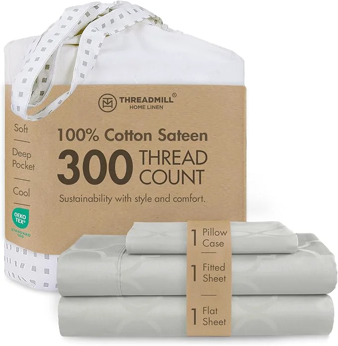 Threadmill Cotton Twin XL Sheet Set Cotton Sheets for Twin XL Size Bed Damask Jacquard Sateen Twin XL Bed Sheets Set with 16 Deep Pocket Soft Breathable 3-Piece Cooling Sheets Light Grey First-Class