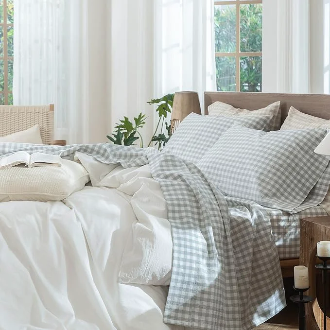 Fine Crafted MooMee Gingham Sheet Set Washed Cotton Linen Like Textured Breathable Soft w Fully Elasticized 16-19 quot Deep Pocket Classic Gingham Northern Droplet Grey Queen High-End