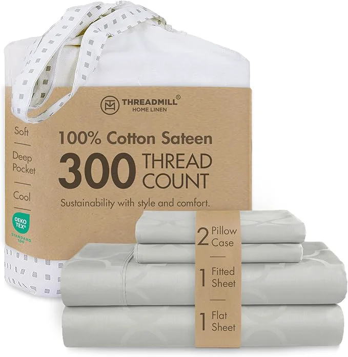 Reliable Threadmill Cotton Sheets for King Size Bed 4 Pc King Bed Sheets Set Soft Breathable Lightweight Damask Sateen for All-Season Use Snug Fit Elastic Deep Pocket King Sheets Light Grey Detailed