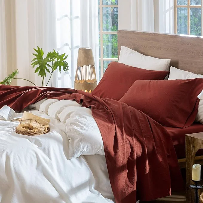 High-End MooMee Bedding Sheet Set Washed Cotton Linen Like Textured Breathable Durable Soft Comfy Solid Fired Brick Red Queen High-Performance