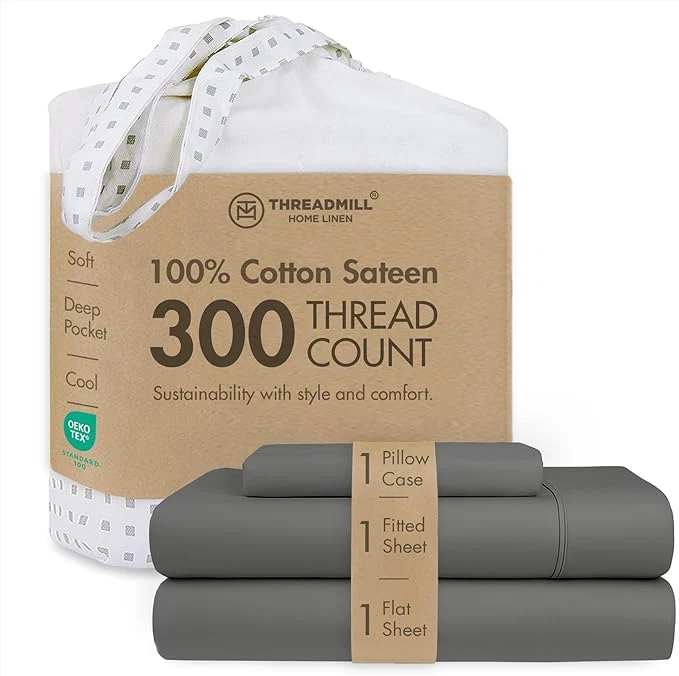 Contemporary Threadmill Cotton Twin Sheet Set Cotton Sheets for Twin Size Bed Solid Sateen Twin Bed Sheets Set with 16 Deep Pocket Soft Breathable 3-Piece Cooling Sheet Set Dark Grey Clean