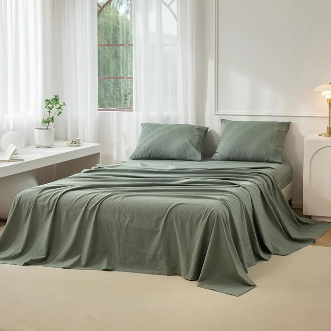 Fashionable JIYUAN Full Size Sheet Set 4-Piece - Washed Cotton Linen-Like Soft amp Breathable Includes Deep Pocket Fitted amp Flat Sheet with 2 Pillowcases Hotel Quality Heathered Green Long-Lasting