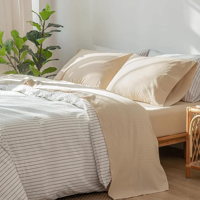 First-Class MooMee Bedding Sheet Set Washed Cotton Linen Like Textured Breathable Durable Soft Comfy Solid Sandy Beige Queen Artisan