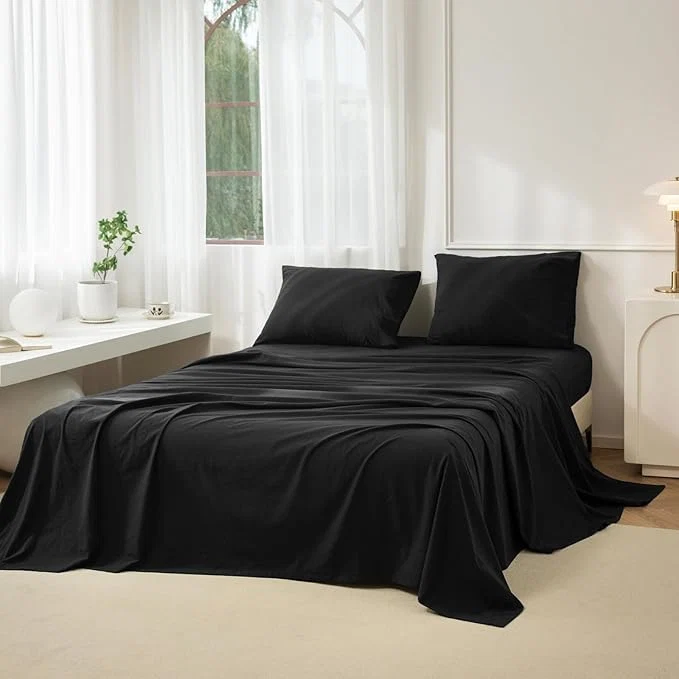 Elite JIYUAN Twin Size Sheet Set 3-Piece - Washed Cotton Linen-Like Soft amp Breathable Includes Deep Pocket Fitted amp Flat Sheet with 1 Pillowcases Hotel Quality Solid Black Organic