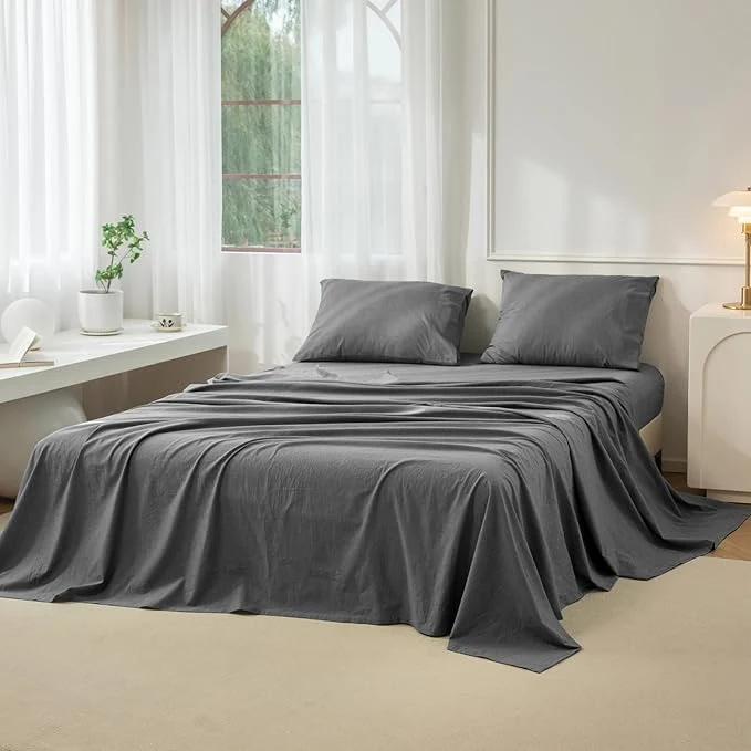 Proven JIYUAN Twin Size Sheet Set 3-Piece - Washed Cotton Linen-Like Soft amp Breathable Includes Deep Pocket Fitted amp Flat Sheet with 1 Pillowcases Hotel Quality Heathered Dark Grey Unique
