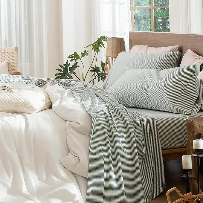 Unique MooMee Striped Sheet Set Washed Cotton Linen Like Textured Breathable Durable Soft Comfy Heathered Green Pinstripes Queen Lightweight