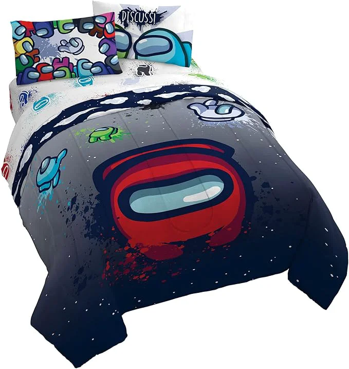 Easy-to-Use Jay Franco Among Us Space Splatter 5 Piece Queen Size Bed Set-Comforter amp Sheet Set-Soft Fade Resistant Microfiber Among Us Product Verified
