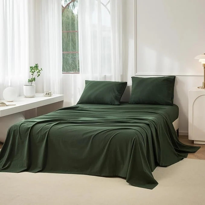 Classic JIYUAN Queen Size Sheet Set 4-Piece - Washed Cotton Linen-Like Soft amp Breathable Includes Deep Pocket Fitted amp Flat Sheet with 2 Pillowcases Hotel Quality Solid Forest Green Luxury