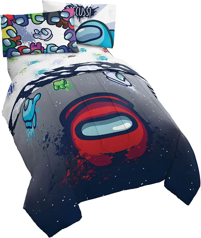 Authentic Jay Franco Among Us Space Splatter 4 Piece Twin Size Bed Set - Includes Comforter amp Sheet Set - Super Soft Fade Resistant Microfiber Among Us Product Superior