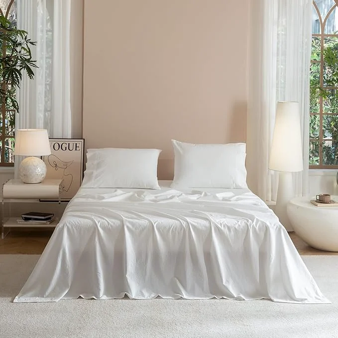 Organic JIYUAN Twin Size Sheet Set 3-Piece - Washed Cotton Linen-Like Soft amp Breathable Includes Deep Pocket Fitted amp Flat Sheet with 1 Pillowcases Hotel Quality Solid Bright White Durable