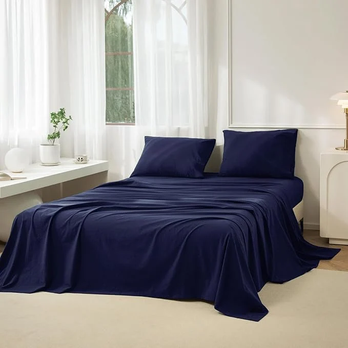 Flexible JIYUAN Twin Size Sheet Set 3-Piece - Washed Cotton Linen-Like Soft amp Breathable Includes Deep Pocket Fitted amp Flat Sheet with 1 Pillowcases Hotel Quality Solid Navy Blue Smooth