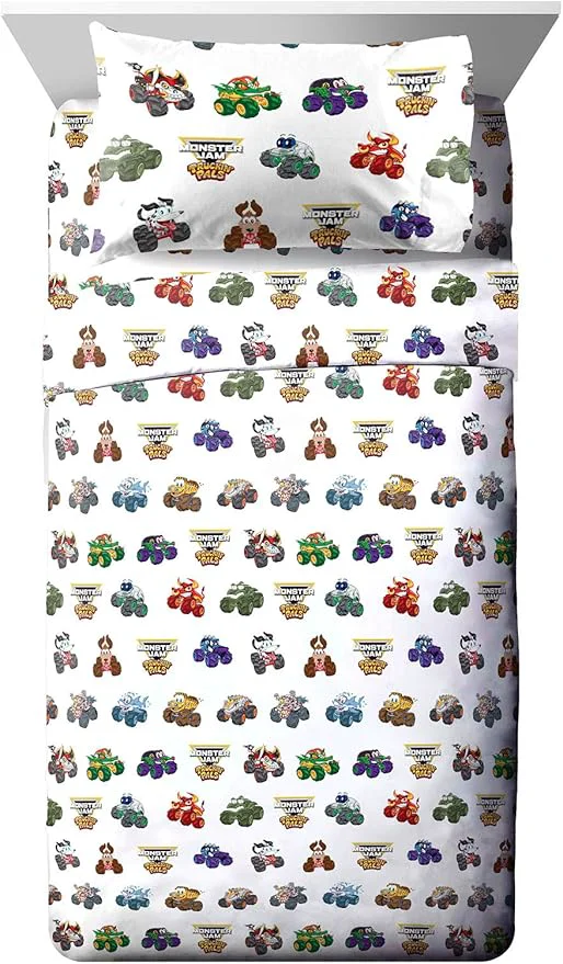 Refined Jay Franco Kids Sheet Set with Fitted Flat Sheets amp Pillow Cover - Ultra-Soft Bedding with Pillowcase for Room Decor White - Monster Jam 3 Piece Toddler Professional