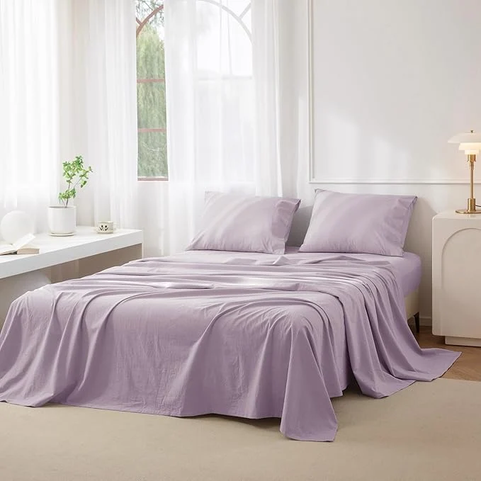 Clean JIYUAN Full Size Sheet Set 4-Piece - Washed Cotton Linen-Like Soft amp Breathable Includes Deep Pocket Fitted amp Flat Sheet with 2 Pillowcases Hotel Quality Heathered Light Purple Next-Generation