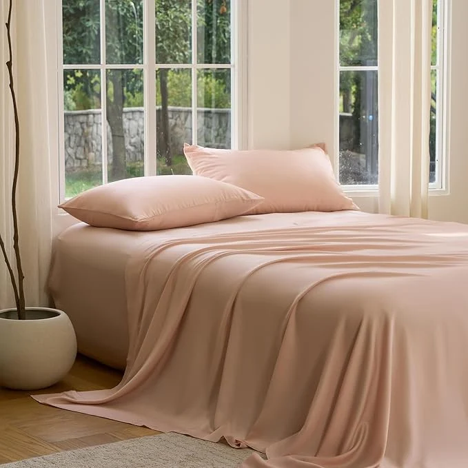 Carefully Designed DOZ Sheet Set Viscose derived from Bamboo Organically Grown Buttery Soft Cooling Sheets High GSM Deep Pockets - 4 Piece - 2 Pillowcases 1 Fitted 1 Top Sheet Blush Full Eco-Friendly