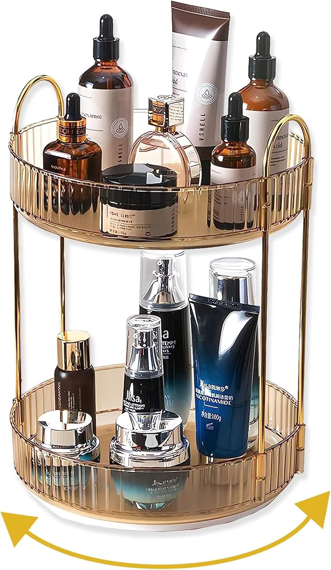 High-End Asayuee 360 Rotating Gold Makeup Organizer 2 Tier Large Capacity Rotating Fine