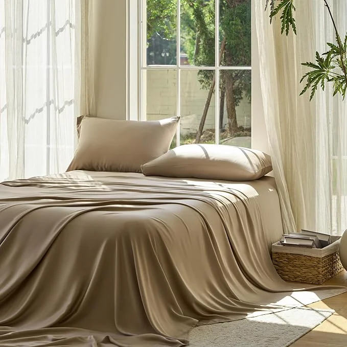 Sophisticated DOZ Sheet Set Viscose derived from Bamboo Organically Grown Buttery Soft Cooling Sheets High GSM Deep Pockets - 3 Piece - 1 Pillowcase 1 Fitted 1 Top Sheet Dune Twin XL Stylish