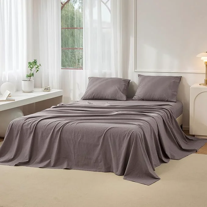 Comfortable JIYUAN Twin Size Sheet Set 3-Piece - Washed Cotton Linen-Like Soft amp Breathable Includes Deep Pocket Fitted amp Flat Sheet with 1 Pillowcases Hotel Quality Heathered Mauve Brown Casual