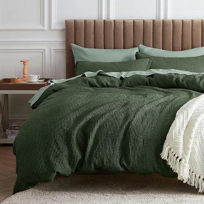 Environmentally Friendly Bedsure Waffle Comforter Set Queen Olive Green Soft Bedding Waffle Weave Bed Set 3 Pieces 1 Comforter 90 quot x90 quot and 2 Pillow Shams Cotton Shell and Polyester Lining for All Seasons Exclusive