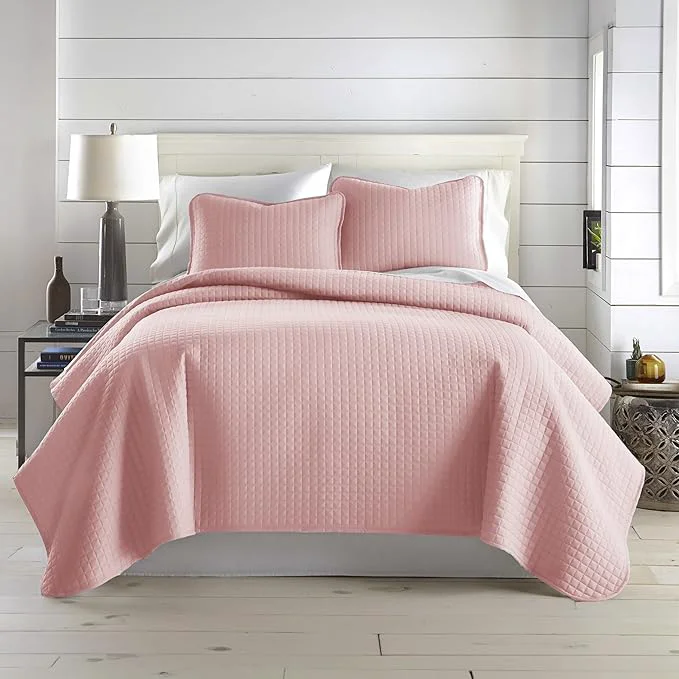Detailed Southshore Fine Living Inc. Stitched Pink Queen Quilt Bedding Set Oversized Quilts Queen Size Full Pet Hair Resistant Bedding Soft Cozy Bedspread Full Size Coverlet 2 Pillow Shams Pastel Pink Secure