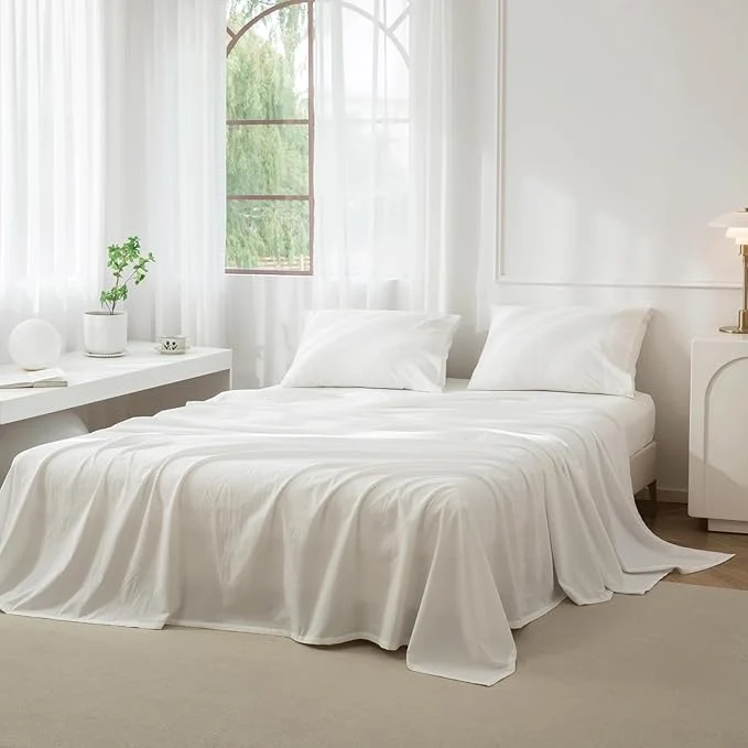 Minimalist JIYUAN California King Size Sheet Set 4-Piece - Washed Cotton Linen-Like Soft amp Breathable Includes Deep Pocket Fitted amp Flat Sheet with 2 Pillowcases Hotel Quality Solid Off White Fashionable