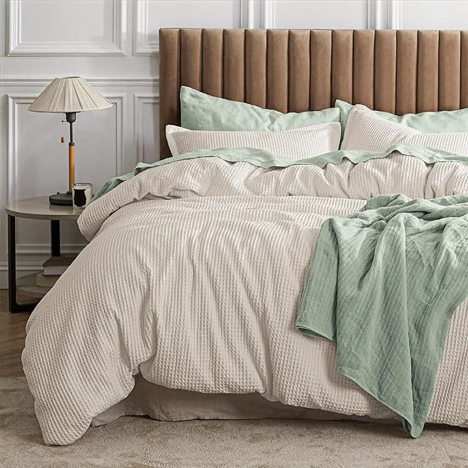 Versatile Bedsure Waffle Comforter Set California King Beige Soft Bedding Waffle Weave Bed Set 3 Pieces 1 Comforter 104 quot x96 quot and 2 Pillow Shams Cotton Shell and Polyester Lining for All Seasons Breathable