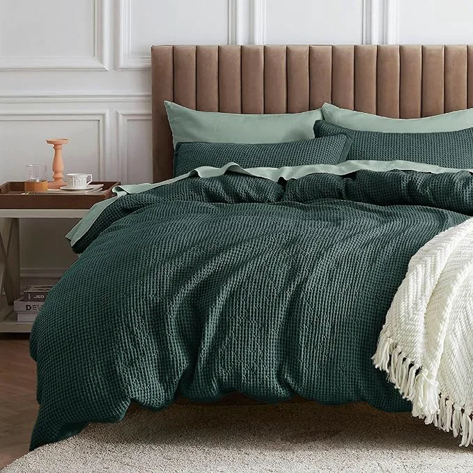 Expertly Made Bedsure Waffle Comforter Set King Forest Green Soft Bedding Waffle Weave Bed Set 3 Pieces 1 Comforter 104 quot x90 quot and 2 Pillow Shams Cotton Shell and Polyester Lining for All Seasons User-Friendly