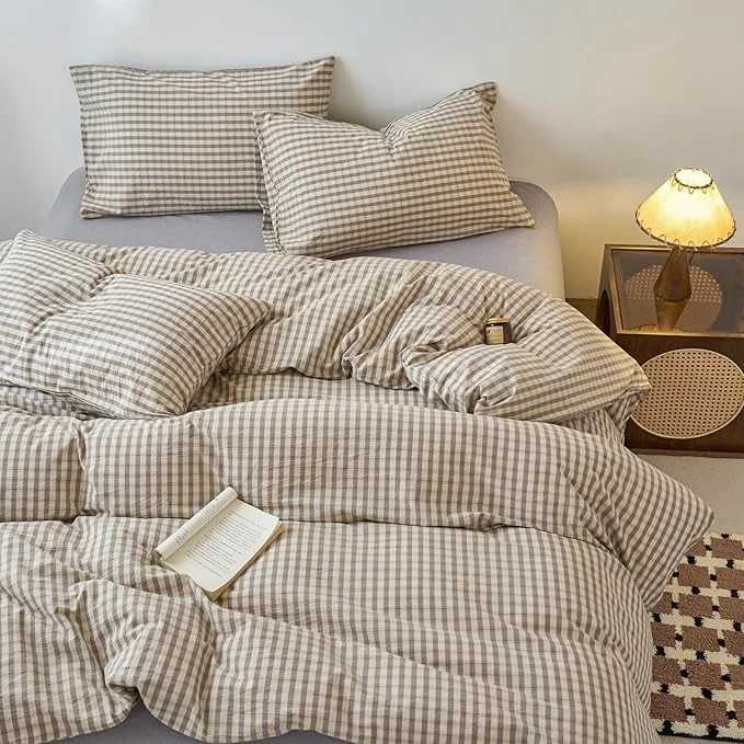 Clean LifeTB Grey Gingham Duvet Cover Full Size 3 Pieces Grey Beige Grid Duvet Cover Washed Cotton Plaid Checkered Comforter Cover Luxury Soft Breathable Farmhouse Gingham Bedding Set Full Crafted