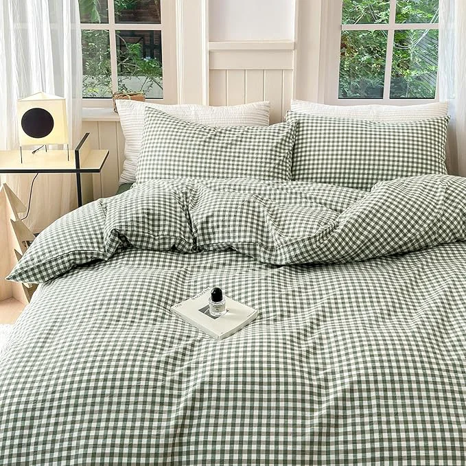 High-Performance LifeTB Green Grid Gingham Duvet Cover Queen 3 Pieces Green Plaid Duvet Cover with 2 Pillowcases Washed Cotton Grid Checkered Comforter Cover Breathable Green Plaid Bedding Set Queen Enhanced
