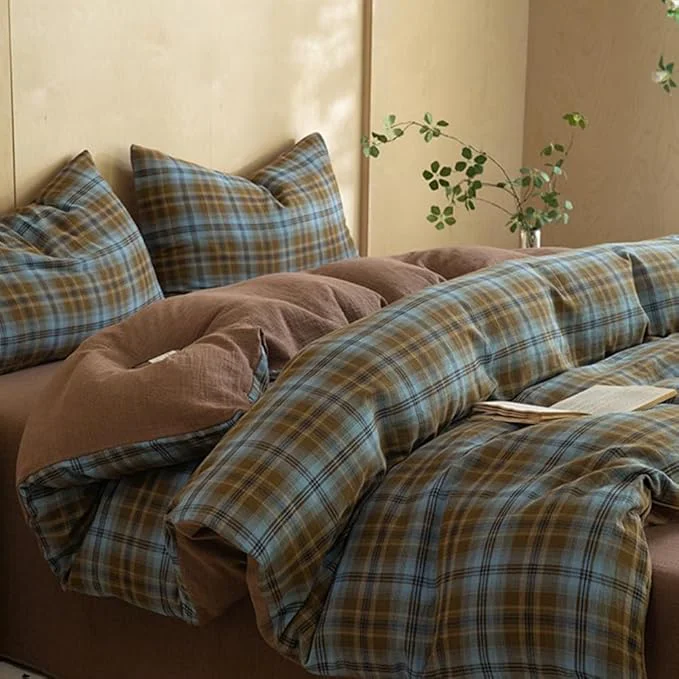 Excellent LifeTB Vintage Blue amp Brown Plaid Duvet Cover Twin Cotton Muslin Grid Checkered Plaid Bedding Set Breathable Soft Linen Like Gauze Comforter Cover Farmhouse Gingham Duvet Cover with Zipper Closure Reliable